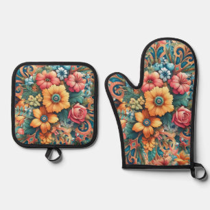 Prachtig boeket bloemen ovenwant & pannenlap set