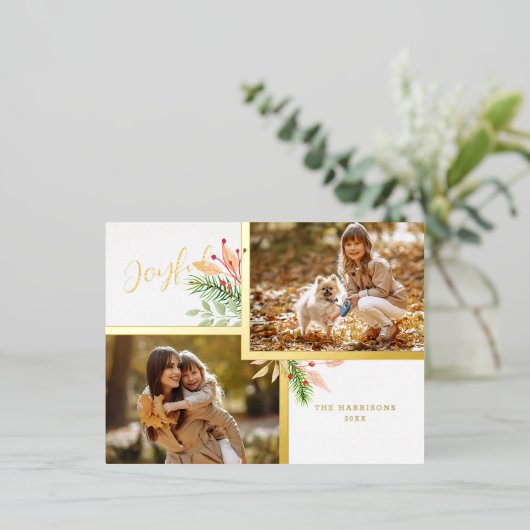 Prachtig botanisch schrift 2-foto met gouden lijst folie feestdagen briefkaart (Staand Voorkant)