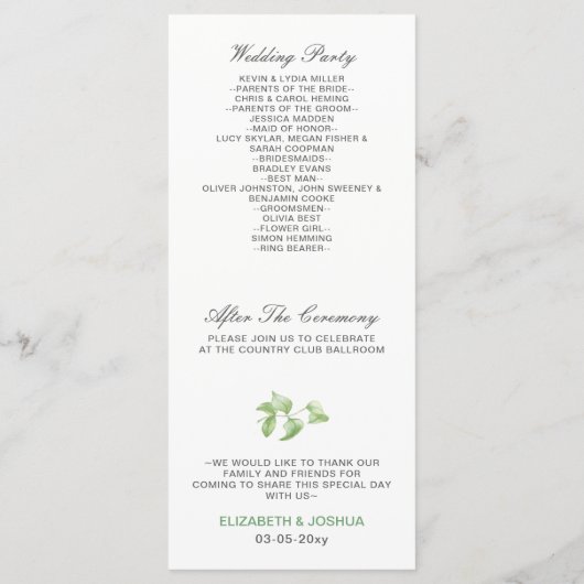 Prachtig botanische groen bruiloft programma's (Achterkant)