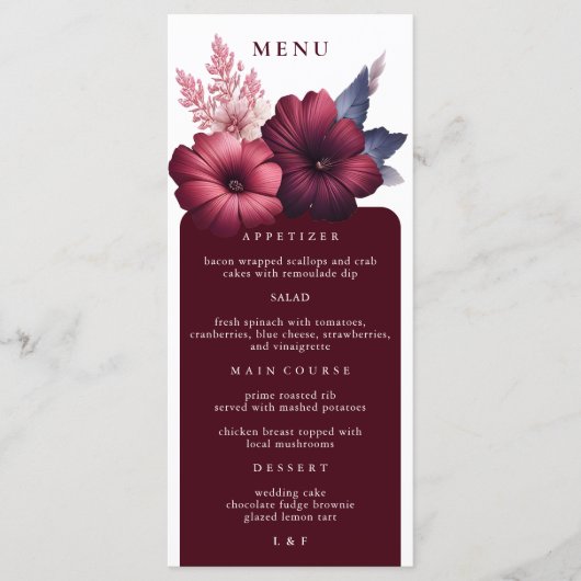 Prachtig Bourgogne & Blush Roze Magnolia Diner Menu (Voorkant)
