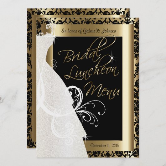 Prachtig bruidsmenu in goud & zwart damast menu (Voorkant / Achterkant)