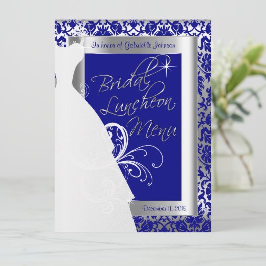 Prachtig bruidsmenu in zilver en koninklijk blauw menu (Staand voorkant)