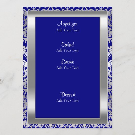 Prachtig bruidsmenu in zilver en koninklijk blauw menu (Achterkant)