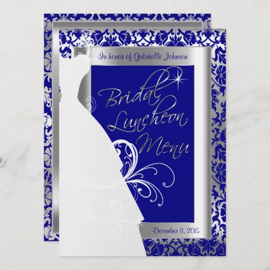 Prachtig bruidsmenu in zilver en koninklijk blauw menu (Voorkant / Achterkant)