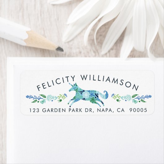 Prachtig chique blauw bloemig grillig eenhoorn paa etiket (Insitu)