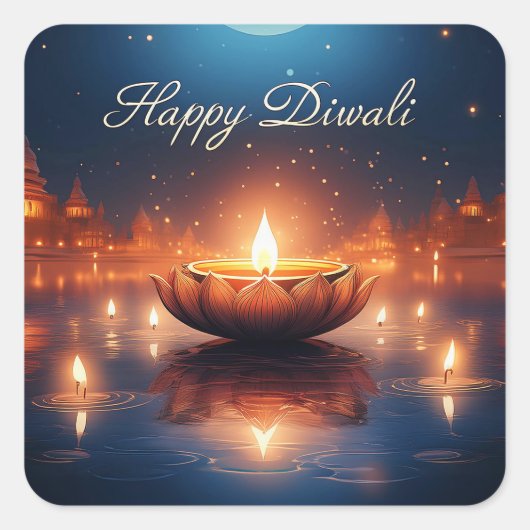 Prachtig Diya Festival van Licht Happy Diwali Vierkante Sticker (Voorkant)