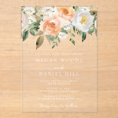 Prachtig elegante perzik en witte bloemen bruiloft acryl uitnodigingen (Voorkant)