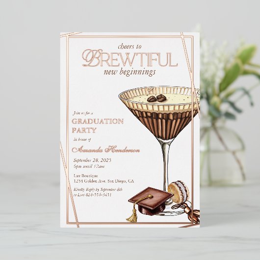 Prachtig Espresso Martini Afstuderen Folie Uitnodiging (Staand Voorkant)