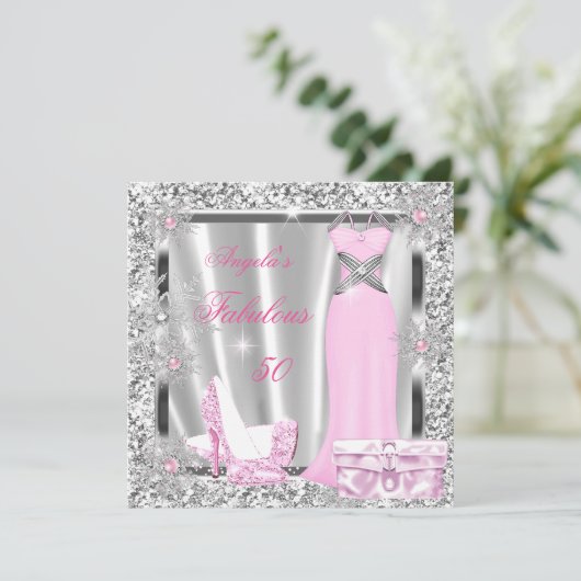 Prachtig Feest Verlicht Roze Zilveren Sneeuwvlokke Kaart (Staand voorkant)