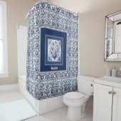 Prachtig floral Blauw toile de jouy monogram Douchegordijn (In situ)