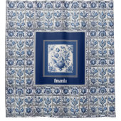 Prachtig floral Blauw toile de jouy monogram Douchegordijn (Voorkant)