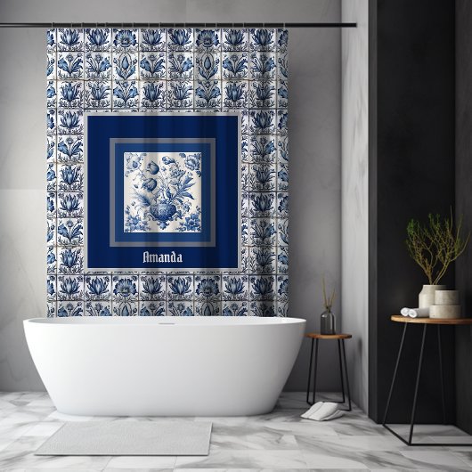 Prachtig floral Blauw toile de jouy monogram Douchegordijn