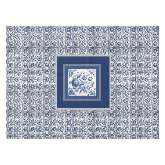 Prachtig floral Blauw toile de jouy monogram Tafelkleed (Voorkant (Horizontaal))
