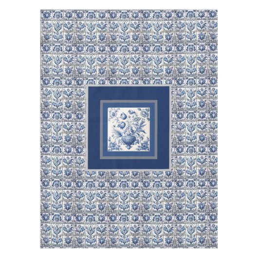 Prachtig floral Blauw toile de jouy monogram Tafelkleed (Voorkant)
