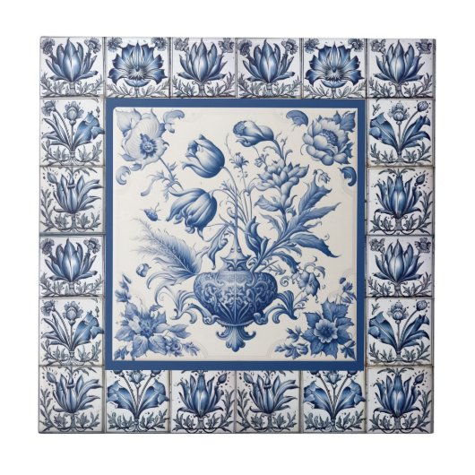 Prachtig floral Blauw toile de jouy monogram Tegeltje (Voorkant)