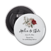Prachtig gebroken wit & rode rozen bloemboeket button flesopener (Voorkant)