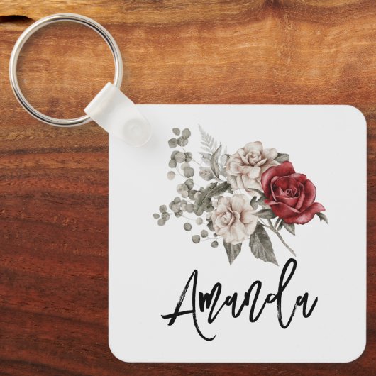 Prachtig gebroken wit & rode rozen bloemboeket sleutelhanger (Voorkant)