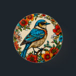 Prachtig geïllustreerde vogel ronde button 3,2 cm<br><div class="desc">Prachtig geïllustreerde vogel, prominent met levendige tinten blauw, sinaasappel en beige. De vogel lijkt te zijn neergestreken op een tak, omringd door een rangschikking van kleurrijke bloemen, waaronder gedurfde rode bloemen, sinaasappels en delicate witte en groene bloemen. De achtergrond heeft een zachte, neutrale toon die de levendige kleuren van de...</div>