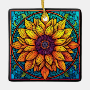 Prachtig Glas in lood Bloemen Zonnebloem Keramisch Ornament