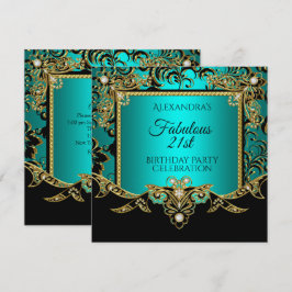 Prachtig Goud Teal BLAUW Zwart 21e Verjaardagsfees Kaart