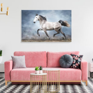Prachtig grijs paard dramatisch hemels zandlandsch canvas afdruk