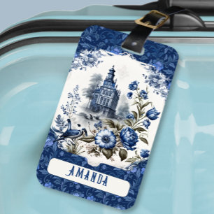 Prachtig kasteel bloemenblauw toile de jouy monogr bagagelabel