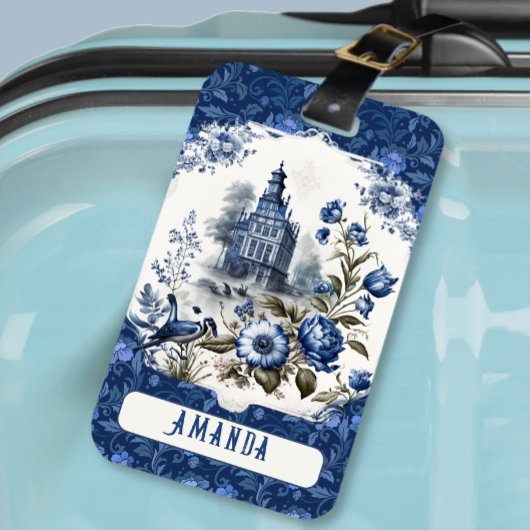 Prachtig kasteel bloemenblauw toile de jouy monogr bagagelabel