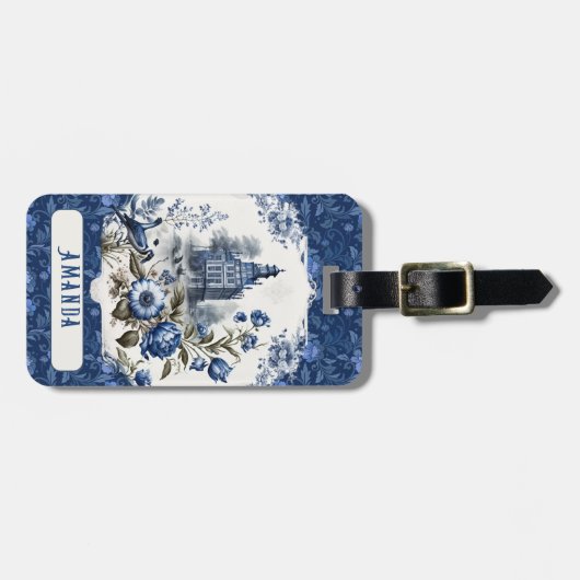 Prachtig kasteel bloemenblauw toile de jouy monogr bagagelabel (Voorkant horizontaal)