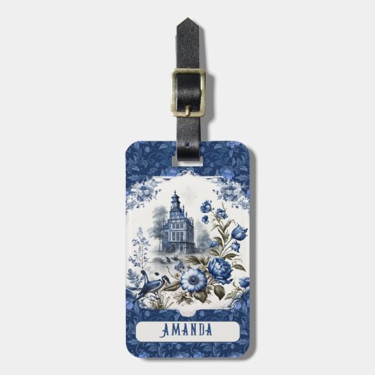 Prachtig kasteel bloemenblauw toile de jouy monogr bagagelabel (Voorkant verticaal)