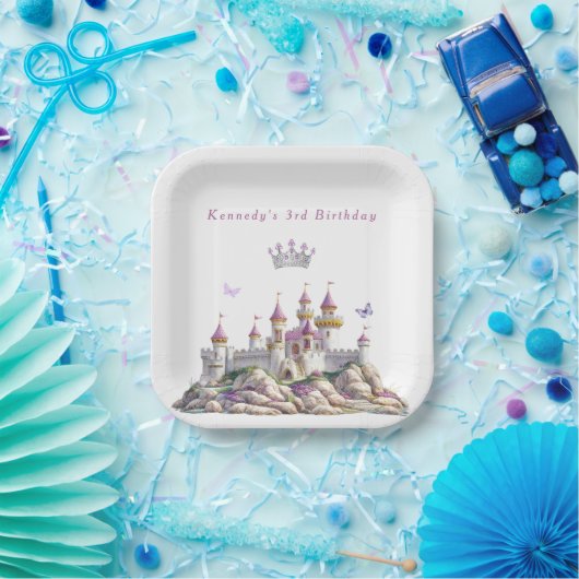 Prachtig kasteel Zilveren kroon Roze edelstenen Vl Papieren Bordje (Feest)