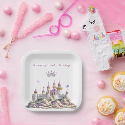 Prachtig kasteel Zilveren kroon Roze edelstenen Vl Papieren Bordje (Feest)