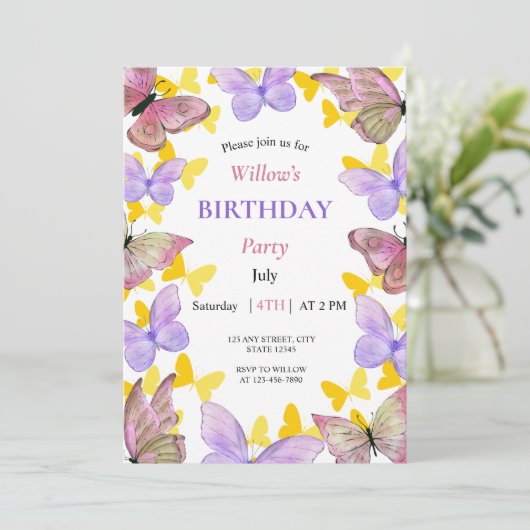 Prachtig kleurrijk vlinderverjaardagsfeestje kaart (Staand voorkant)