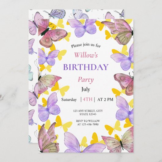 Prachtig kleurrijk vlinderverjaardagsfeestje kaart (Voorkant / Achterkant)