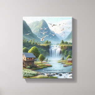 Prachtig landelijk landschap met waterval canvas afdruk