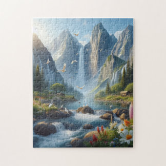 Prachtig landschap met bergen en watervallen legpuzzel