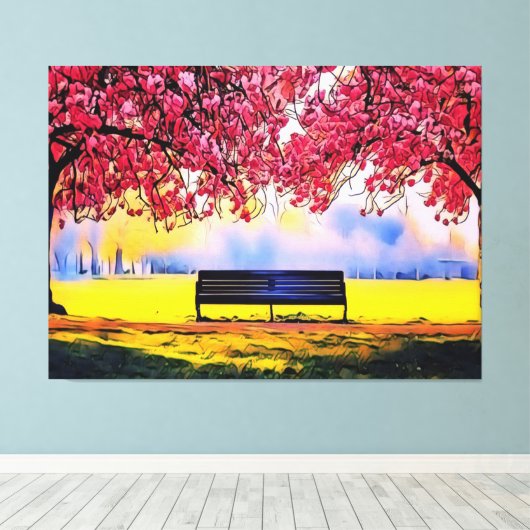 Prachtig landschap met kersenbomen en een bank canvas afdruk (Insitu (Houten vloer))