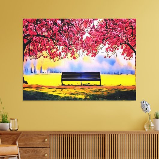 Prachtig landschap met kersenbomen en een bank canvas afdruk (Insitu (Woonkamer))