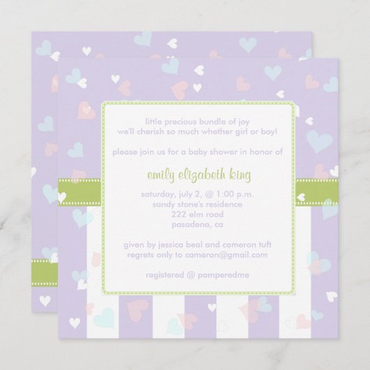 Prachtig Lila met baby shower met weinig hart Kaart (Voorkant / Achterkant)