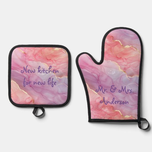 Prachtig marmeren roze en Paarse modern plezier Ovenwant & Pannenlap Set (Voorkant)