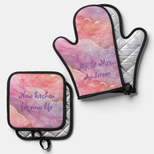 Prachtig marmeren roze en Paarse modern plezier Ovenwant & Pannenlap Set (Voorkant / Achterkant)