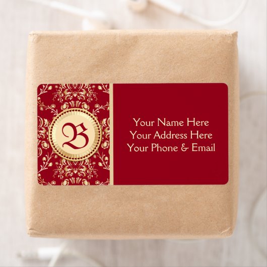 Prachtig middeleeuws goud damast karmijn rood mono etiket (Insitu)