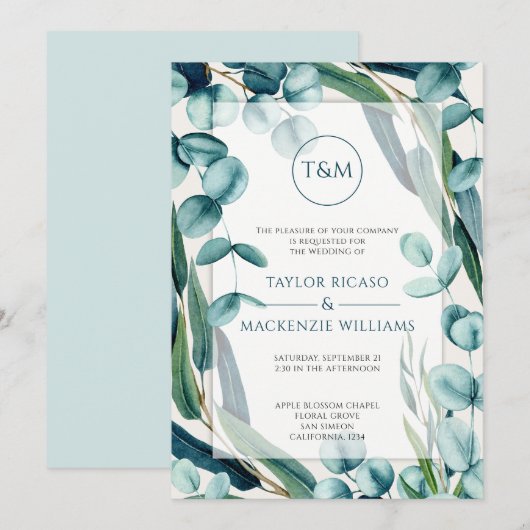 Prachtig Modern Monogram Eucalyptus Huwelijk Kaart (Voorkant / Achterkant)