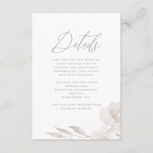 Prachtig neutraal bloemig bruiloft gastdetail informatiekaartje (Voorkant)