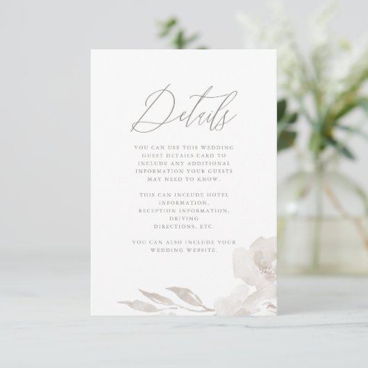 Prachtig neutraal bloemig bruiloft gastdetail informatiekaartje (Staand voorkant)