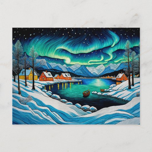 Prachtig Noorderlicht boven Winterfjord Feestdagenkaart (Voorkant)