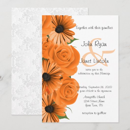 Prachtig Oranje Roos en Daisy Wedding Kaart (Voorkant / Achterkant)