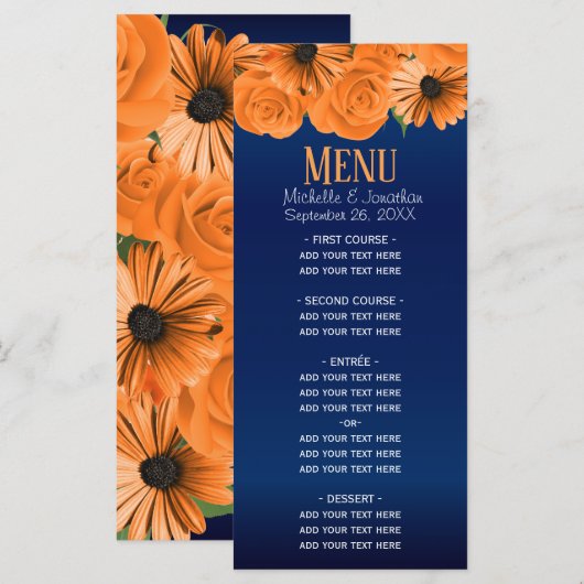 Prachtig Oranje Roos en marineblauw huwelijk Menu (Voorkant / Achterkant)