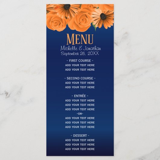 Prachtig Oranje Roos en marineblauw huwelijk Menu (Voorkant)