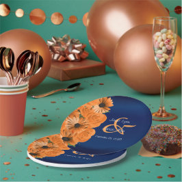 Prachtig Oranje Roos en marineblauw huwelijk Papieren Bordje