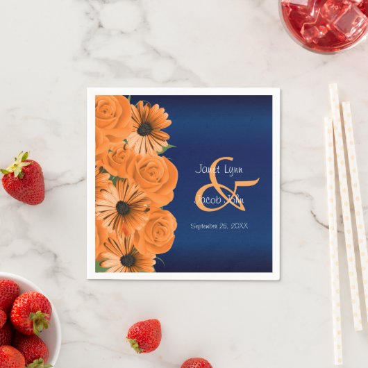Prachtig Oranje Roos en marineblauw huwelijk Servet (Insitu)
